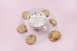 Tasty Cookies Chocolate Bars Cup of Hot Chocolate with Marshmallow Top View Flat Lay Christmas Holiday Background Christmas Bevera