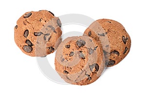 Tasty cookies with chocolate chips on white background