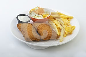 Tasty cordons bleus plate served with fries, dip and Coleslaw 