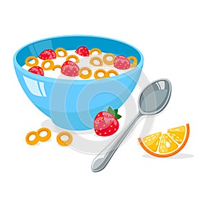 Tasty cornflakes in blue bowl with spoon and strawberry and orange.