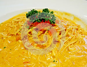 Tasty crab spaghetti with ebiko