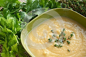 Tasty cream of celeriac soup in a green bowl photo