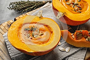 Tasty cream soup served in pumpkin