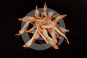 Tasty, crispy, chicken, smoked, crisp snack on a black background