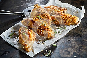 Tasty crispy spicy barbecued chicken wings photo