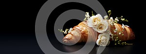 Tasty croissant with beautiful flowers on black background