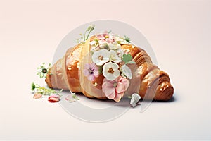 Tasty croissant with beautiful flowers on pink background