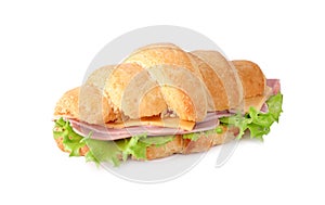 Tasty croissant sandwich with ham isolated