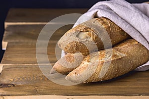 Tasty Crusty Baguettes on Wooden Background Tasty Homemade Bread Copy Space