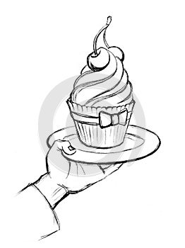 Tasty cupcake on the plate. Pencil drawing