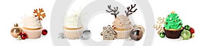 Tasty cupcakes with Christmas decor on white background, collage. Banner design