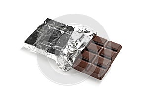 Tasty dark chocolate bar with foil on white