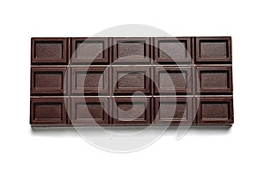 Tasty dark chocolate bar on white, top view