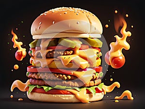 Tasty and delicious hamburger. Burger with flying ingredients and splashes on a black background. Generative AI