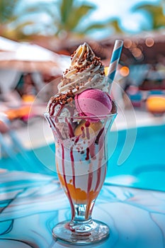 tasty delicious ice cream on beach bar at summer time
