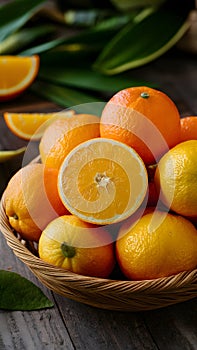 Tasty and delicious orange fruit in basket, fresh healthy produce photo