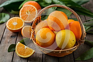 Tasty and delicious orange fruit in basket, fresh healthy produce photo