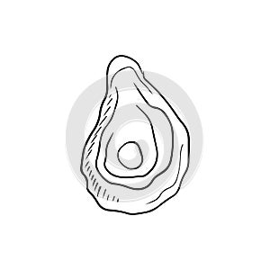 Tasty delicious oyster shell with pearl in black isolated on white background. Hand drawn vector sketch illustration in doodle