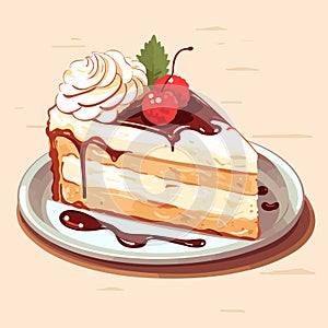 Tasty delicious peace of a bithday cake. Sweet bakery. Yummy pie. Isolated vector in cartoon style