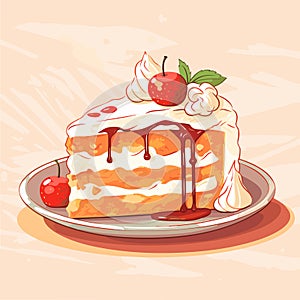 Tasty delicious peace of a bithday cake. Sweet bakery. Yummy pie. Isolated vector in cartoon style