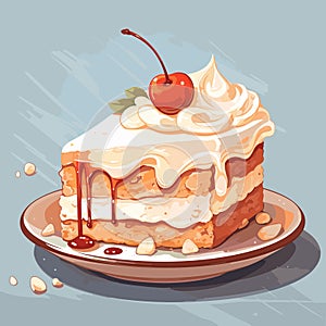 Tasty delicious peace of a bithday cake. Sweet bakery. Yummy pie. Isolated vector in cartoon style