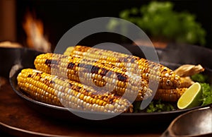 Tasty, delicious and salty grilled corn with melting butter. Elotes, Grilled Mexican Street Corn on a plate