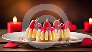 Tasty dessert for Valentine's day red velvet cake in shape of hearts and coffee on white table. Close up photo