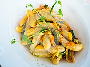 Tasty dish of fresh pasta with vegetables, for epicureans