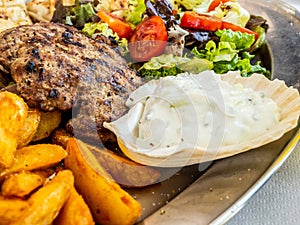 Tasty dish with mixed Greek sauce and grilled meat