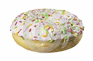 A tasty donut with frosting and colorful sprinkles. Dessert sold in cafes and pastry shops