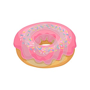 Tasty donut with pink glaze and colorful sprinkles. Delicious and sweet dessert. Flat vector design for promo poster or