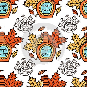 Tasty Doodle Maple Syrup And Leaves Seamless Pattern
