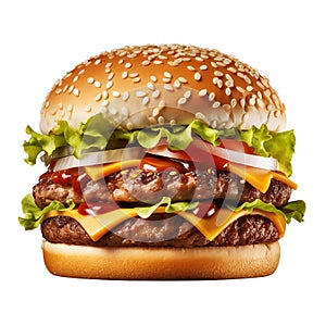 Tasty double beef burger isolated on transparent white background. Big fresh juicy cheeseburger for menu