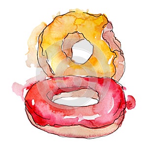 Tasty doughnuts in a watercolor style. Background illustration set. Watercolour drawing fashion aquarelle isolated