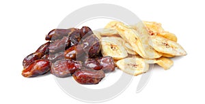 Tasty dried bananas and dates on white background