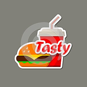 Tasty Fast food Advertising Sticker, Design Label or Sticer - burger and soda cola. Design Template. Vector illustration photo