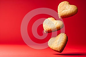 Tasty festive heart shaped pink sugar cookies for Valentine\'s Day on red background