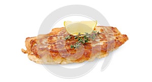 Tasty fish in soda water batter, thyme and lemon slice isolated on white