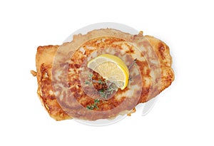 Tasty fish in soda water batter, thyme and lemon slice isolated on white, top view