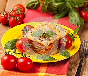 Tasty flavorful lasagna on a plate and ingredients