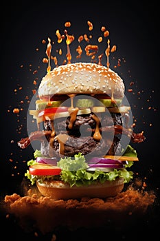 Tasty flying burger on black background. Food levitation.