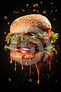 Tasty flying burger on black background. Food levitation.