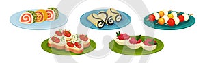 Tasty Food and Appetizer Served on Plate Vector Set