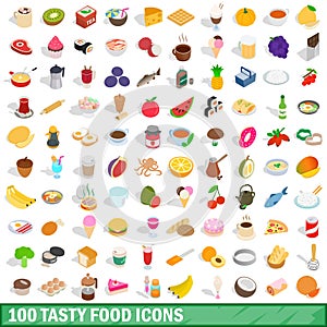 100 tasty food icons set, isometric 3d style