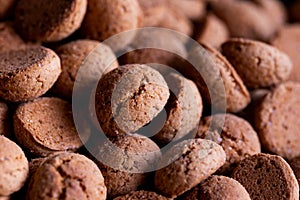 A tasty food portrait of a pile of delicious traditional dutch snacks called pepernoten or pepernuts. The gingerbread treat is a