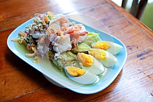 Tasty food in Thailand, Green Eggplant Salad with Prawns