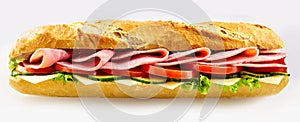 Tasty fresh baguette sandwich with baked ham