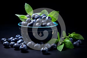 Tasty fresh bilberries with green leaves. Generate Ai