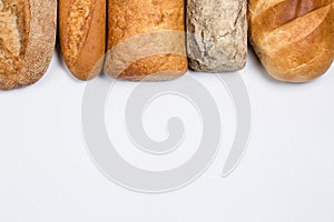 Tasty fresh black and white bread with wheat and flour on a white background