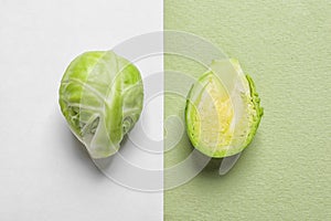 Tasty fresh Brussels sprouts on color background